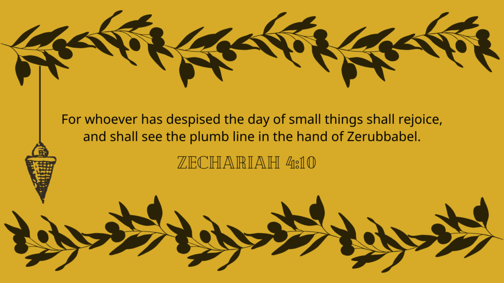 Zechariah 4:10 verse with a plumb line and olive branches